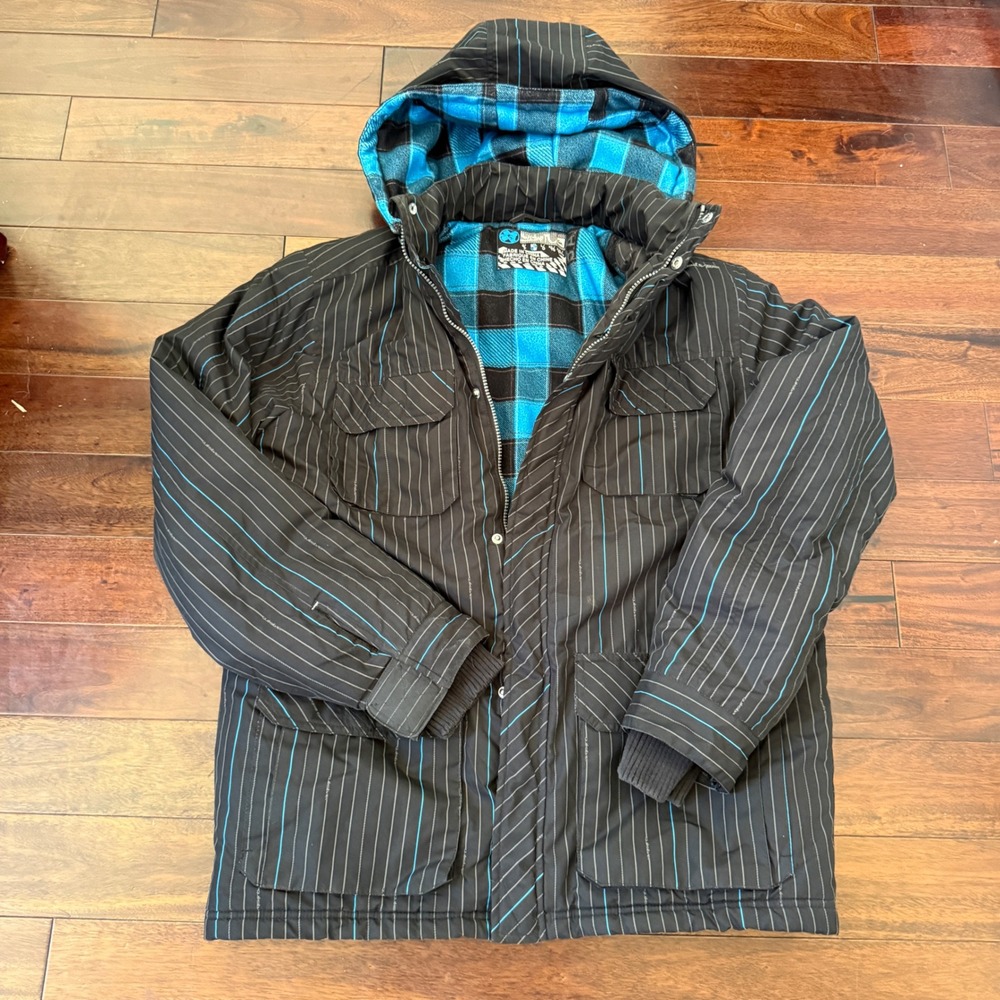 Quiksilver Mens M Black Blue Pinstripe Plaid Lined Hooded Snowboard Ski Jacket